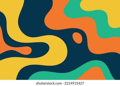 Abstract colorful flat liquid waves background. Orange, green, yellow, and black wavy geometric shapes backdrop illustration