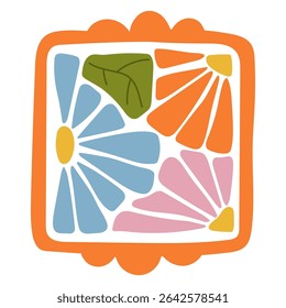 Abstract colorful floral composition with orange and pink flower petals and green leaves. Hand-drawn botanical design in modern boho style. Great for textile, digital art, decor, and craft projects.