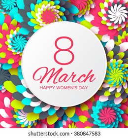 Abstract Colorful Floral Greeting card - International Happy Women's Day - 8 March holiday background with paper cut Frame Flowers. Happy Mother's Day. Trendy Design Template. Vector illustration.