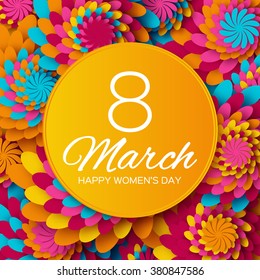 Abstract Colorful Floral Greeting card - International Happy Women's Day - 8 March holiday background with paper cut Frame Flowers. Happy Mother's Day. Trendy Design Template. Vector illustration.