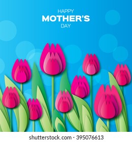 Abstract Colorful Floral Greeting card - Happy Mothers Day - With Bunch of Spring Tulips.Paper cut flower holiday background.Applique Pink Beautiful bouquet.Trendy Design Template.Vector illustration.