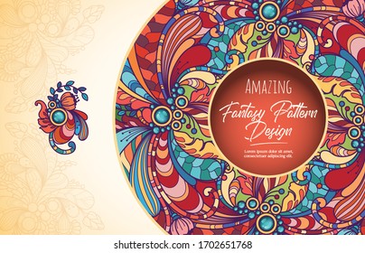 Abstract colorful floral pattern background, ornamental doodle design elements. Vector template 