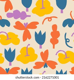 Abstract colorful floral pattern with flowers and natural elements.