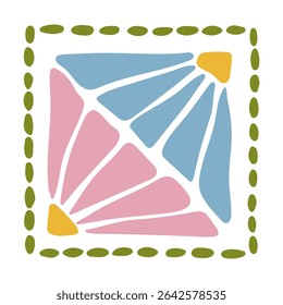 Abstract colorful floral pattern with pink and blue flower petals in a dotted green square frame. Hand-drawn modern botanical design. Great for textile, crafts, digital art, and decorative projects.