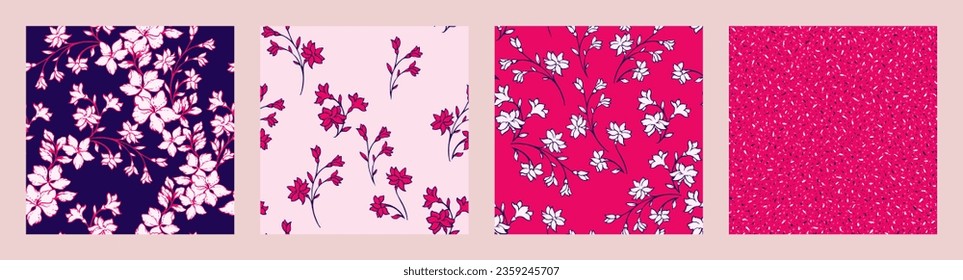 Abstrakter, bunter Blumensatz mit handgezeichnet blühenden Blumen Silhouette, Texturformen, Flecken, Punkten. Vorlagen für Design, Textilien, Mode, Druck, Papier, Deckel, Gewebe