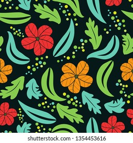 Abstract colorful floral seamless pattern. Repeat pattern with flat cartoon style flower and leaf. Great for nature concept of fabric, textile, wrap, wallpaper, and any surface design.