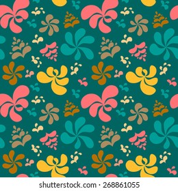 Abstract colorful floral seamless pattern on green background. Vector illustration