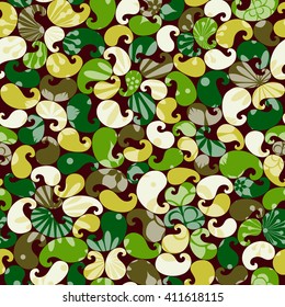 Abstract colorful floral seamless pattern. Ornament with swirls and flowers. Vector illustration