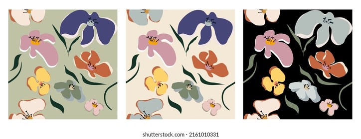 Abstract colorful floral seamless patterns. Retro 70s, 80s trendy design. Hand drawn vector illustration for paper, cover, fabric, interior decor and other users.
