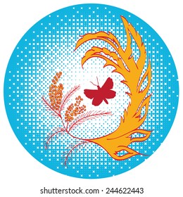 Abstract colorful flourish with butterfly, decorative ornament.