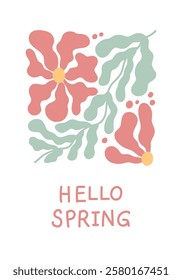 Abstract colorful flower card. Floral doodle shape in trendy naive hippie 70s style. Hello spring. Retro poster, print, banner, template. Hand drawn illustration isolated on white background.