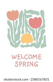 Abstract colorful flower card. Floral doodle shape in trendy naive hippie 70s style. Welcome spring. Retro poster, print, banner, template. Hand drawn illustration isolated on white background.