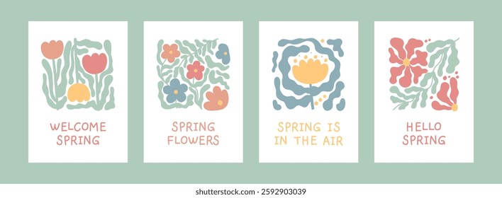 Abstract colorful flower card set. Floral doodle shape in trendy naive matisse hippie 70s style. Hello spring. Retro poster, print, banner. Hand drawn illustration isolated on white background.