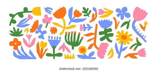 Abstrakter farbiger Zeichensatz für Blumen. Funny Children art style blumendoodle cartoon sammlung, handgezeichnet grundlegende naturformen auf isoliertem hintergrund.