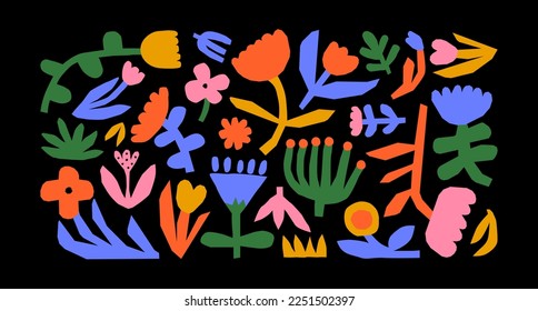 Abstract colorful flower drawing illustration set. Funny children art style floral doodle cartoon collection, hand drawn basic nature shapes on isolated background.