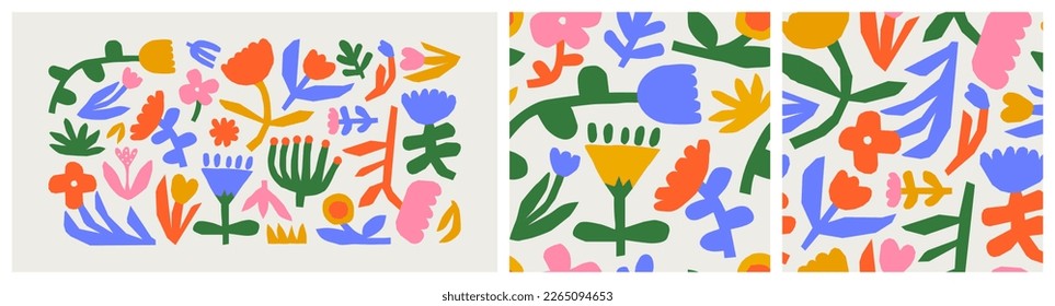 Abstract colorful flower drawing illustration set. Funny children art style floral doodle cartoon pattern collection, hand drawn basic nature shapes on isolated background.