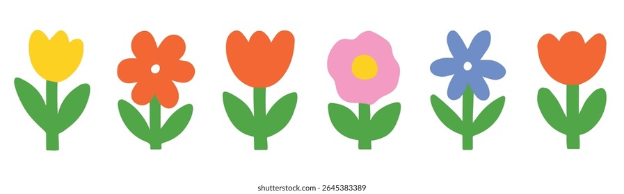 Abstract colorful flower drawing illustration set. Funny children art style floral doodle cartoon collection, hand drawn basic nature shapes on isolated background