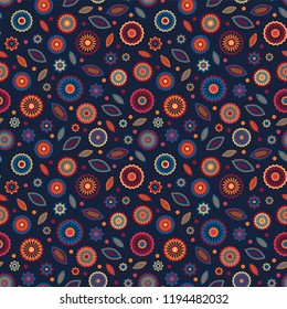 Abstract colorful flower and leaf pattern with tiny dots on dark blue background. Modern minimal style. Great for fabrics, wallpapers, home decor, scrapbooking, gift wrapping paper and other surfaces 