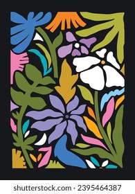 Abstract colorful flower and leaves botanical plants vector illustration poster design isolated on vertical dark background. Simple flat minimalist full colored art styled drawing for wall art print.