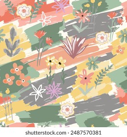 Abstract colorful flower and ornament seamless pattern