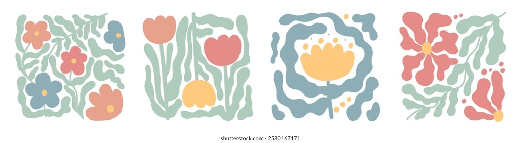 Abstract colorful flower set. Floral doodle shapes in trendy naive hippie 70s style. Hello spring. Retro card, print, banner, poster, template. Hand drawn illustration isolated on white background.