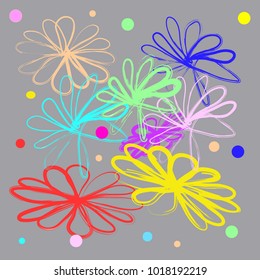 abstract colorful flowers on gray background, hand drawn flowers, vector design , doodle with grunge texture drawing flowers