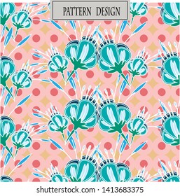 Abstract colorful flowers pattern design on polka dot background, use for wallpaper, template, banner, cover, fabric