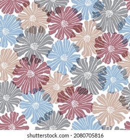 Abstract colorful flowers pattern. Vector flowers grey, blue, red and beige colors repeating pattern background. Design for textile, fabric, wallpapers.