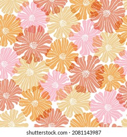 Resumen del patrón de flores coloridas. Flores vectoriales amarillo, rosa y naranja que repiten fondo de patrón. Diseño para textiles, tela, papel pintado.