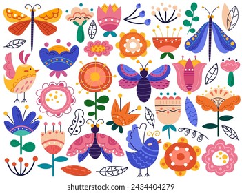Abstract colorful flowers, plants blossoms, birds and insects childish print design vector illustration. Cute summer or spring flora and fauna doodle decorations, trendy botanic natural patterns
