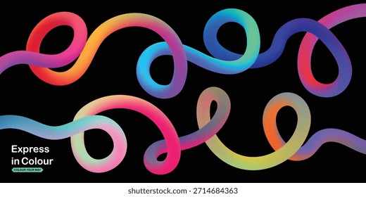 Líneas de degradado fluidas de colores Abstractas sobre fondo negro, vibrantes ondas de cinta de neón, arte de línea curva dinámica para Anuncio moderno, póster, Web, Fondo de pantalla y diseño creativo.