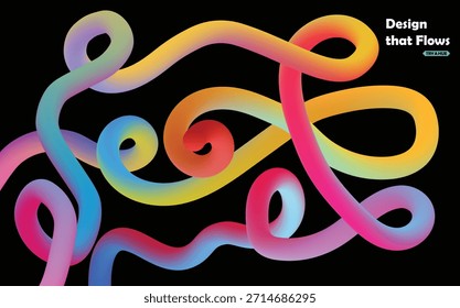 Linhas de gradiente de fluxo coloridas abstratas no fundo preto, ondas vibrantes da fita de néon, arte de linha curva dinâmica para banner moderno, pôster, web, papel de parede e design criativo.
