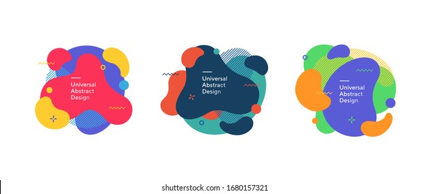 Abstract colorful fluid figures collection. Flowing liquid forms, overlaid shapes, wavy lines. Trendy futuristic design for presentation slides, magazine, labels