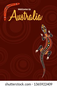 Abstract colorful flyer, poster, banner, placard, brochure design template with place for text. Lizard. Aboriginal style. Ethnic style. Australian style. Vector abstract color illustration. 