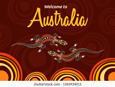 Abstract colorful flyer, poster, banner, placard, brochure design template with lizards. Aboriginal style. Ethnic style. Australian style. Vector abstract color illustration. 