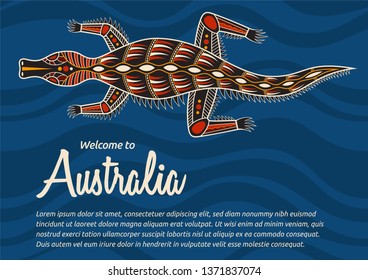 Abstract colorful flyer, poster, banner, placard, brochure design template with crocodile. Aboriginal style. Ethnic style. Australian style. Vector abstract color illustration. 