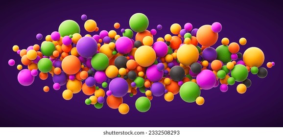 Abstract colorful flying spheres for Happy Halloween banner or party invitation. Colorful matte soft balls in different sizes. Vector background