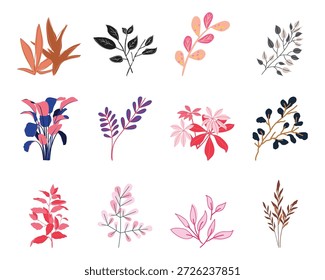 Abstract colorful foliage set. Vector pink and blue decorative leaves and branches for modern floral pattern design