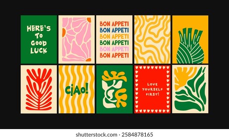Abstract and colorful food-inspired posters for kitchen decor. Trendy prints for cafes, homes, and modern restaurant wall designs
