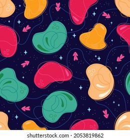 Abstract colorful forms seamless pattern on dark blue background. Vector art illustration
