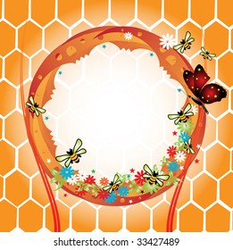 Abstract colorful frame with honeycomb, small flowers, bees and red butterfly