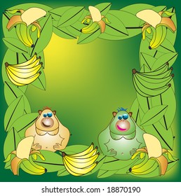 Abstract colorful frame made from banana leafs, bananas and two monkeys