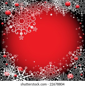 Abstract colorful frame made from white snowflakes and red bubbles. Christmas and New Year's vector background