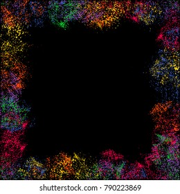 Abstract colorful frame. A spray of paint from a watercolor brush. Bright frame on a black background, grunge colored background. Template for design. Square Frame. Grunge frame. Vector EPS 10.
