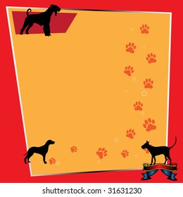 Abstract colorful frame with various dog silhouettes and paw prints