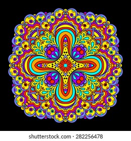 Abstract colorful frilly element. Ethnic element. Hand drawing doodle. Kaleidoscope psychedelic element. Circle mandala.