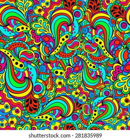Abstract colorful frilly seamless pattern. Ethnic element. Hand drawing doodle. Kaleidoscope psychedelic element. 
