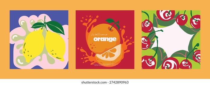 Abstract colorful  fruit card background set. Minimalist poster with pineapple, orange, watermelon. Modern summer and spring wallpaper design for drink menu, promotion, beverages, ads.