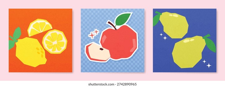 Abstract colorful  fruit card background set. Minimalist poster with pineapple, orange, watermelon. Modern summer and spring wallpaper design for drink menu, promotion, beverages, ads.
