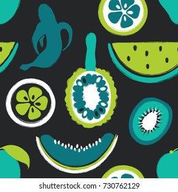 Abstract colorful fruits seamless pattern: banana, mango, watermelon, kiwi, melon, orange and jackfruit. Hand drawn brush grunge exotic fruit background.